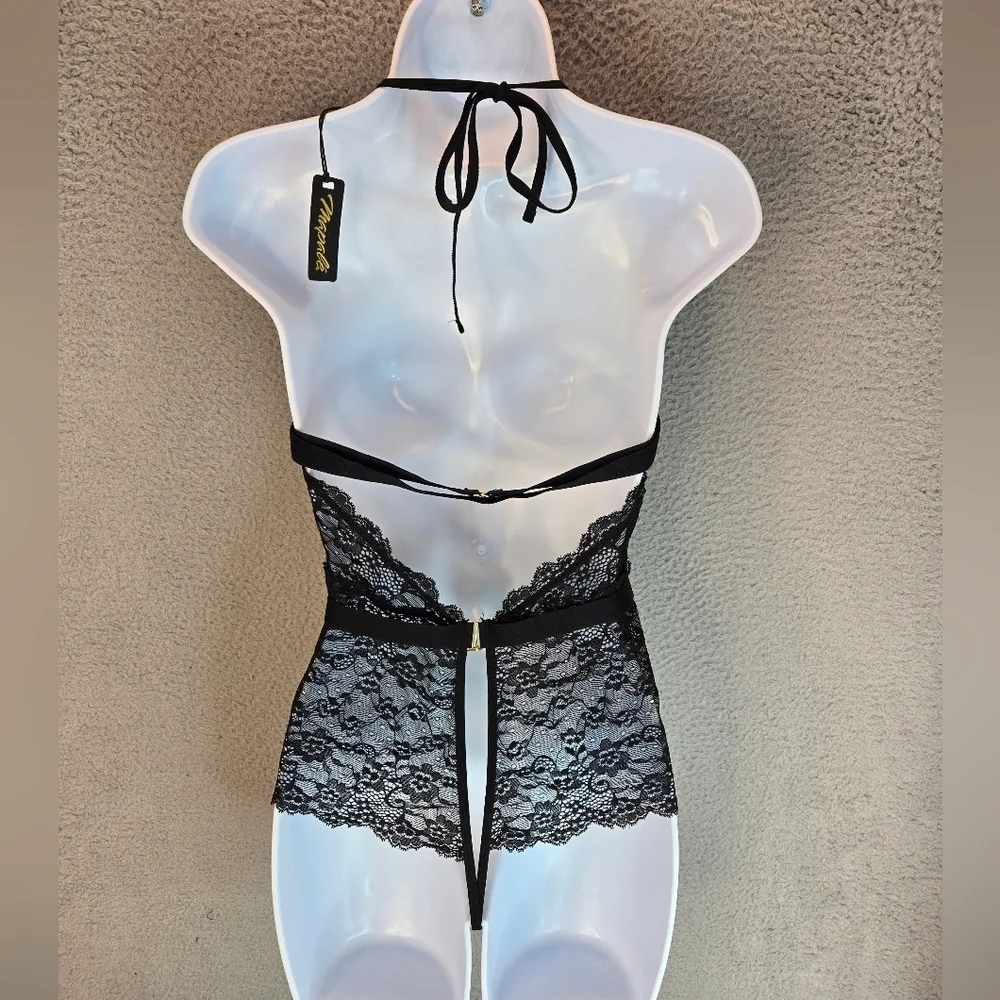 Mapale Womens Crotchless Bodysuit Lingerie Sz L Halter Tie Sexy Sheer
